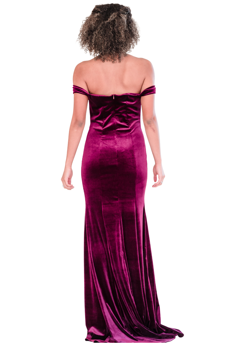 BRONWYN velvet off shoulder bridesmaid dress with back zipper and mermaid silhouette, Brisbane to Gold Coast.