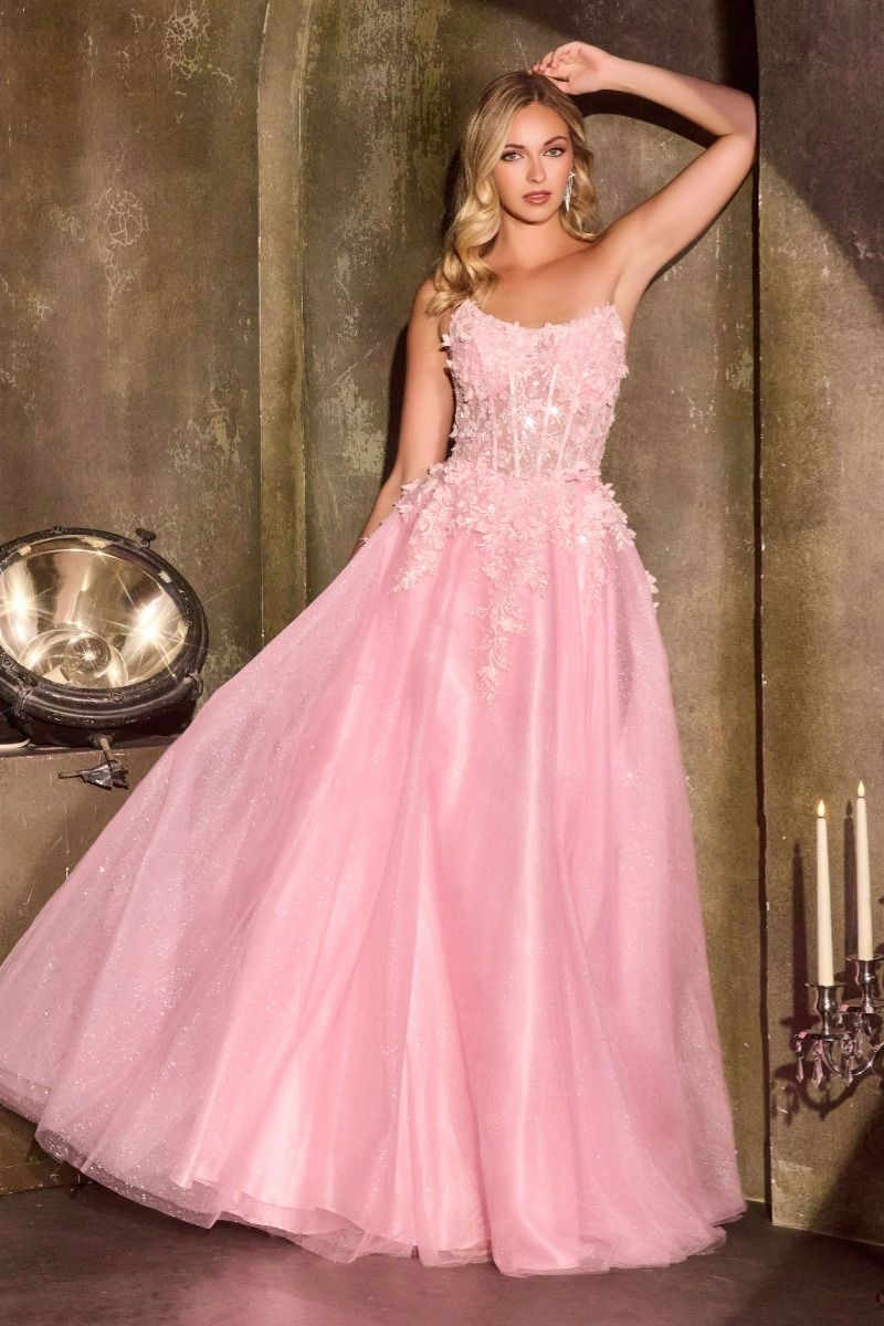ELLSWORTH Couture Floral Applique Glitter Tulle Ball Gown