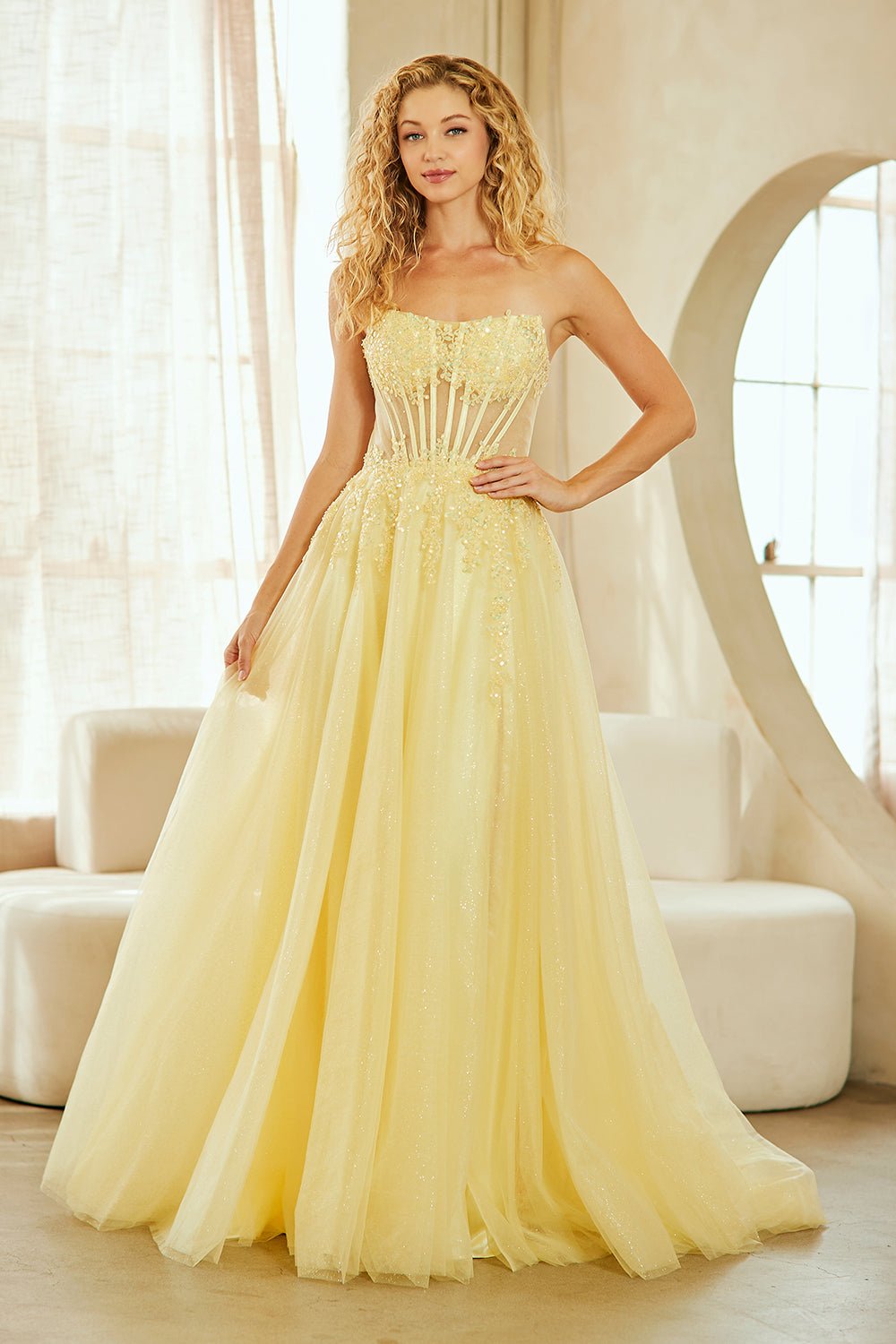 CATHRYN 3D Applique Corset A-Line Gown One Honey Yellow / 0 USA CATHRYN 3D Applique Corset A-Line Gown One Honey Yellow / 0 USA