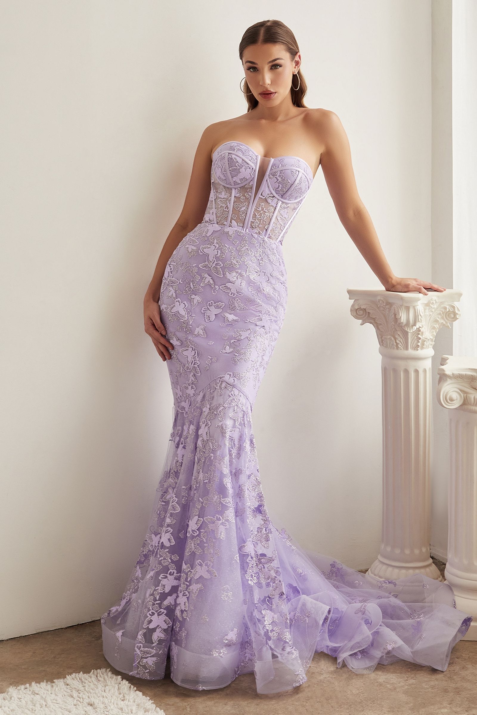 ENID Glitter Strapless Bustier Mermaid Formal Dress featuring butterfly prints and sheer corset bodice, perfect for prom. Brisbane to Gold Coast.