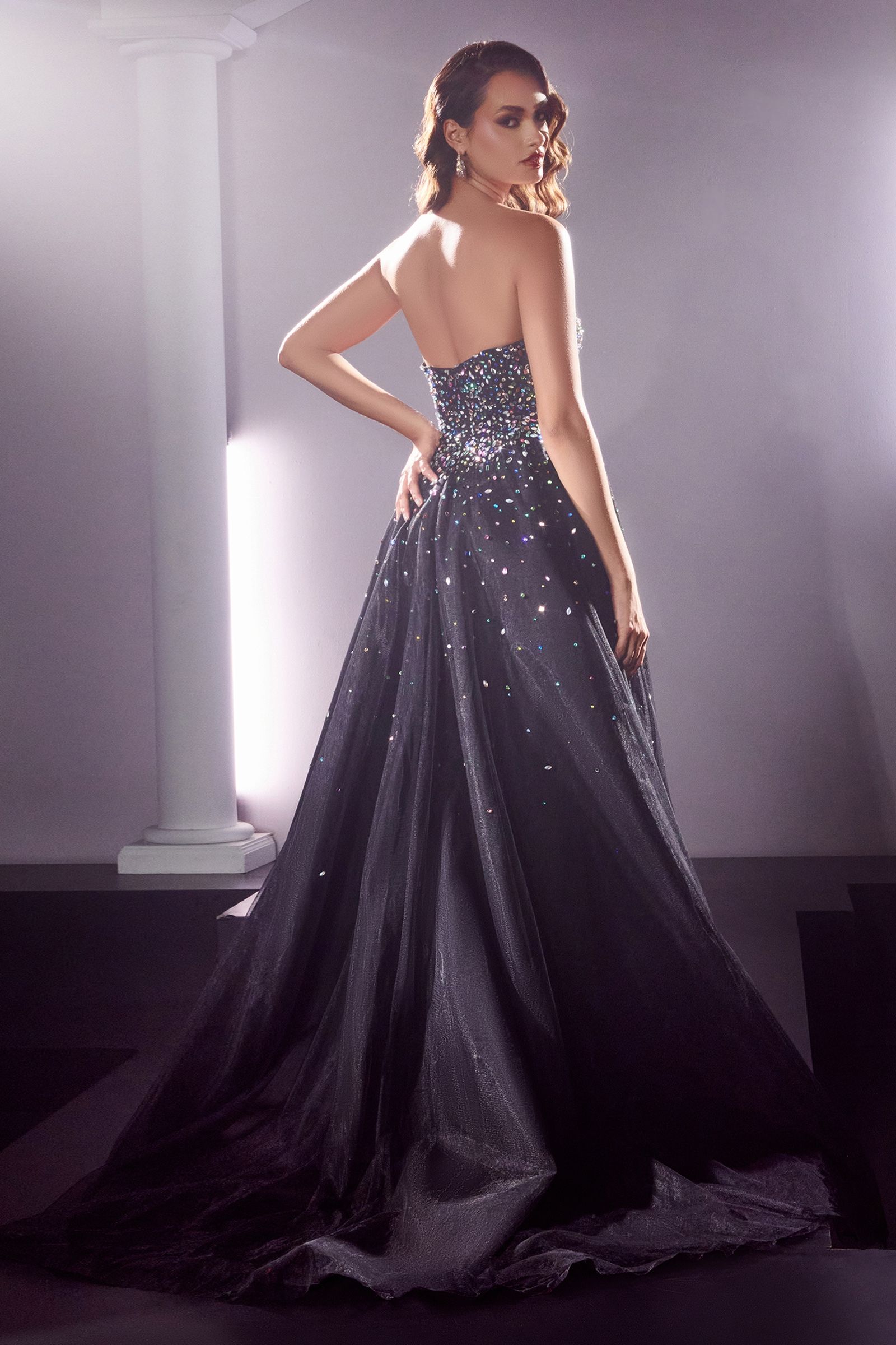 BADAZZLE Black ballgown with multi-colour gem bodice and strapless sweetheart neckline. Perfect formal dress for prom. Brisbane to Gold Coast.