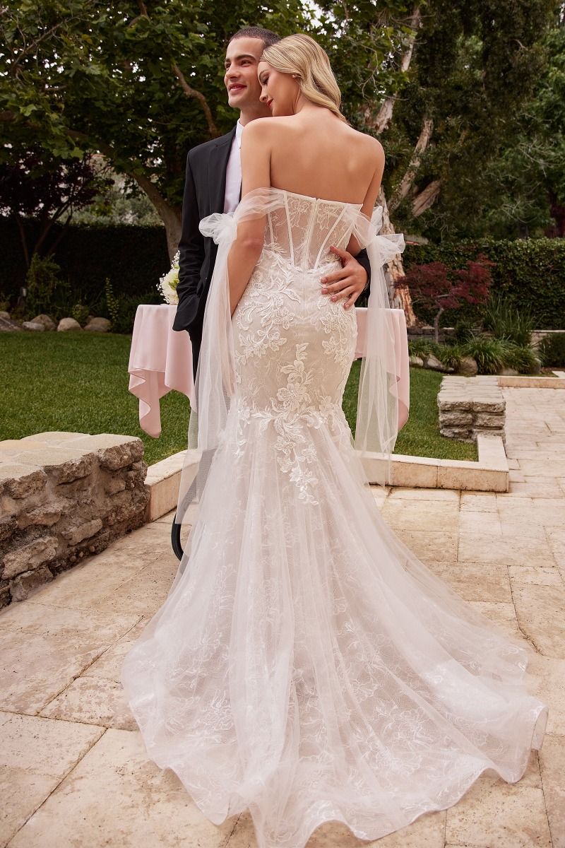 Divinity Bridal HOPE Sweetheart Strapless Lace Tulle Mermaid Wedding Dress, affordable bridal gown, romantic outdoor setting.