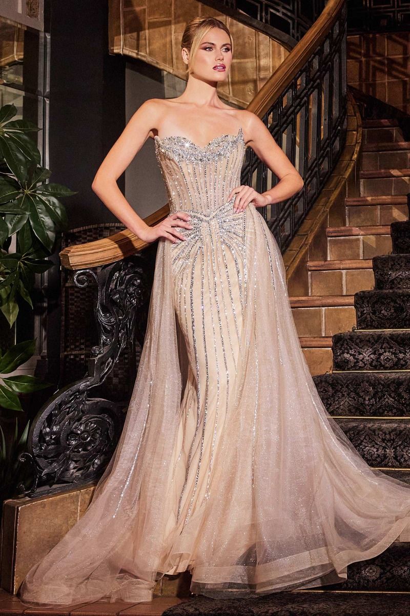 MAKAELA Couture Strapless Crystal Beaded Gown w Overskirt in Australia | One Honey Boutique