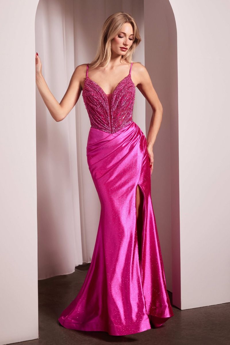 ALLIE Pearl Beaded Satin Fitted Mermaid Formal Dress with deep V-neckline, pink color, perfect for prom. Brisbane to Gold Coast, Australia.