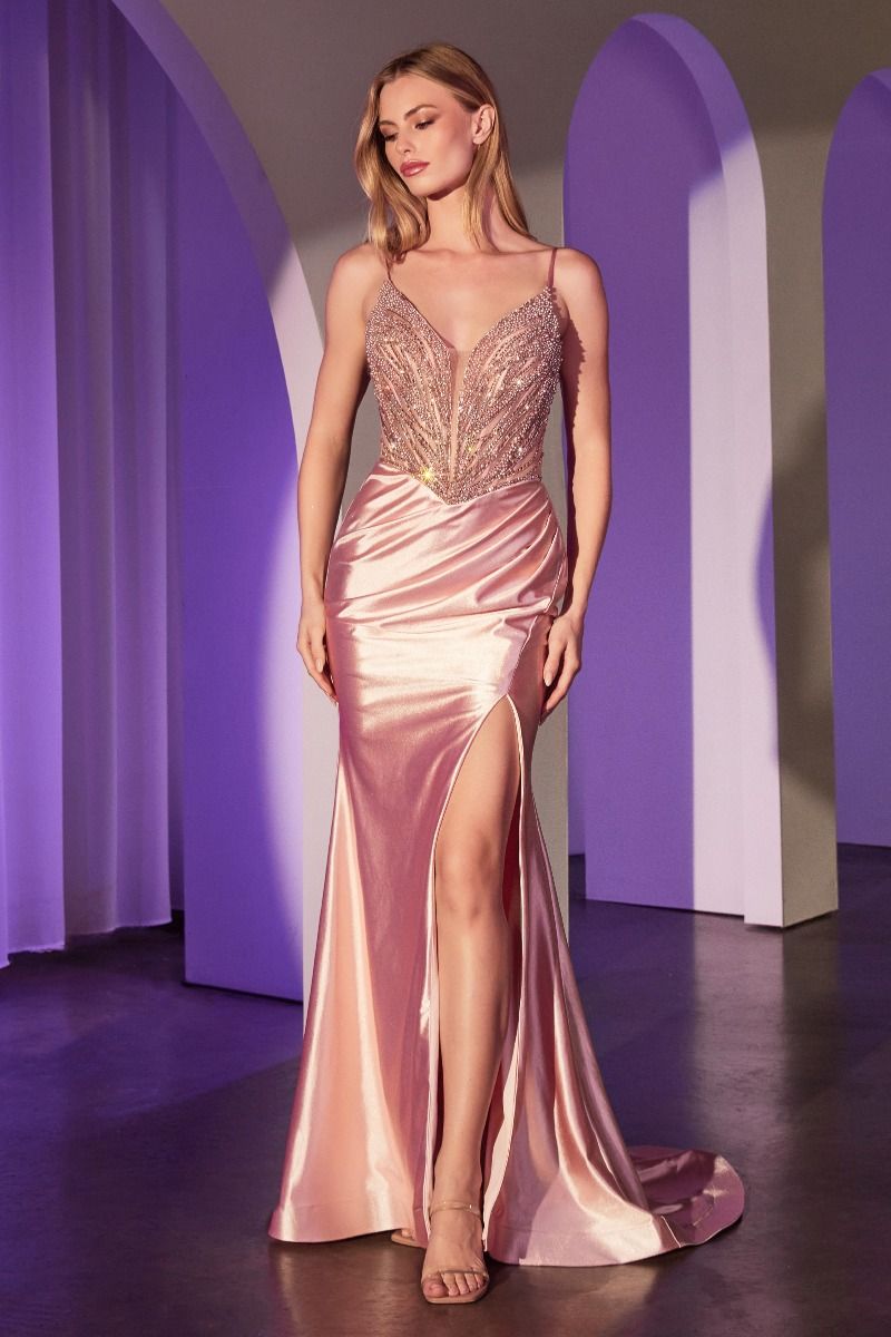 ALLIE Pearl Beaded Satin Mermaid Dress with deep V-neck and slit, perfect for prom or formal occasions, Brisbane to Gold Coast.