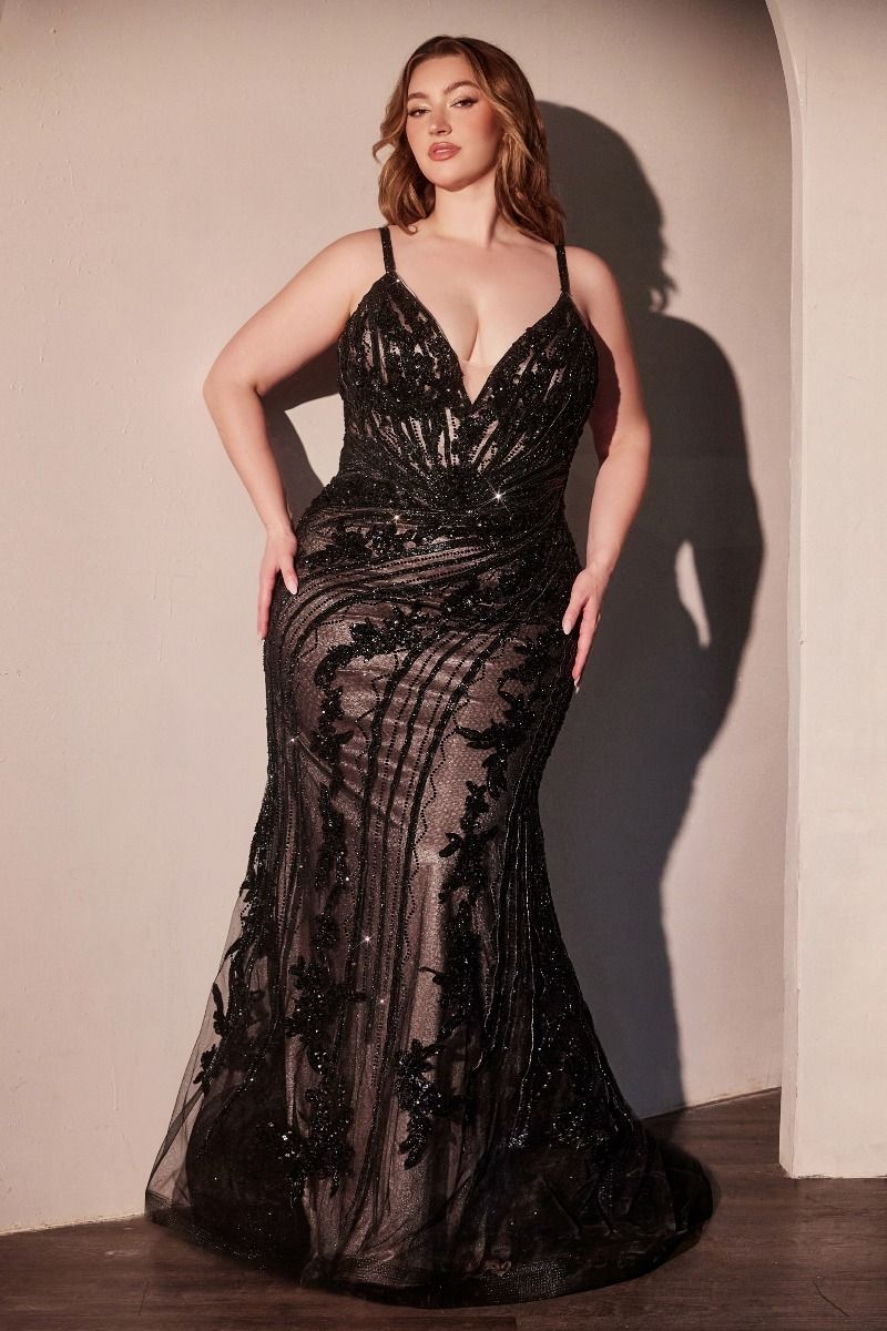 OLYESA Curve black lace beaded mermaid prom gown with plunging neckline, Brisbane to Gold Coast