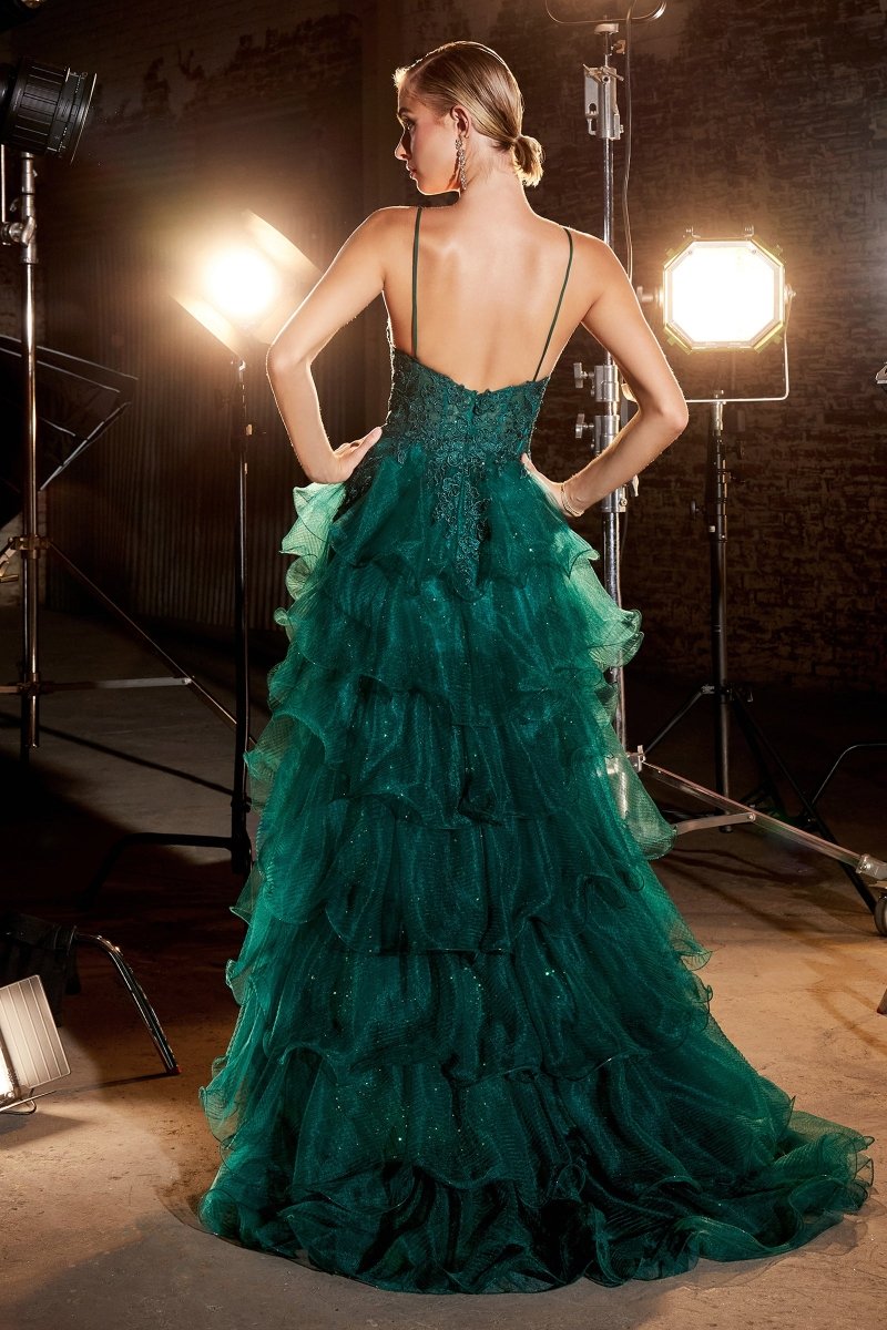 ARDEN Green tulle ball gown with tiered skirt and thin straps, prom dress. Back view under studio lights. Brisbane to Gold Coast.