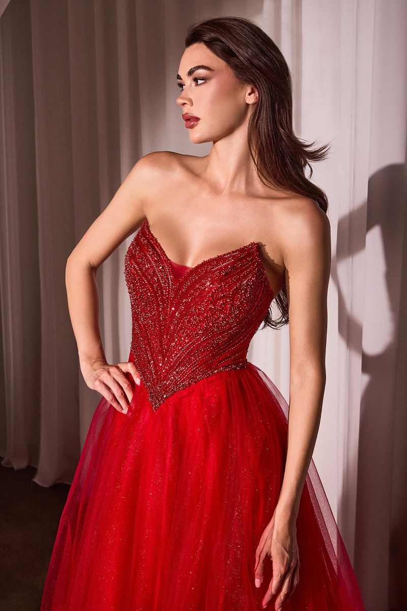 Alt Tag: KATORINA Strapless Beaded Bustier Tulle Ball Gown with pointed neckline and fitted bodice, perfect for formal events. Brisbane to Gold Coast, Australia.