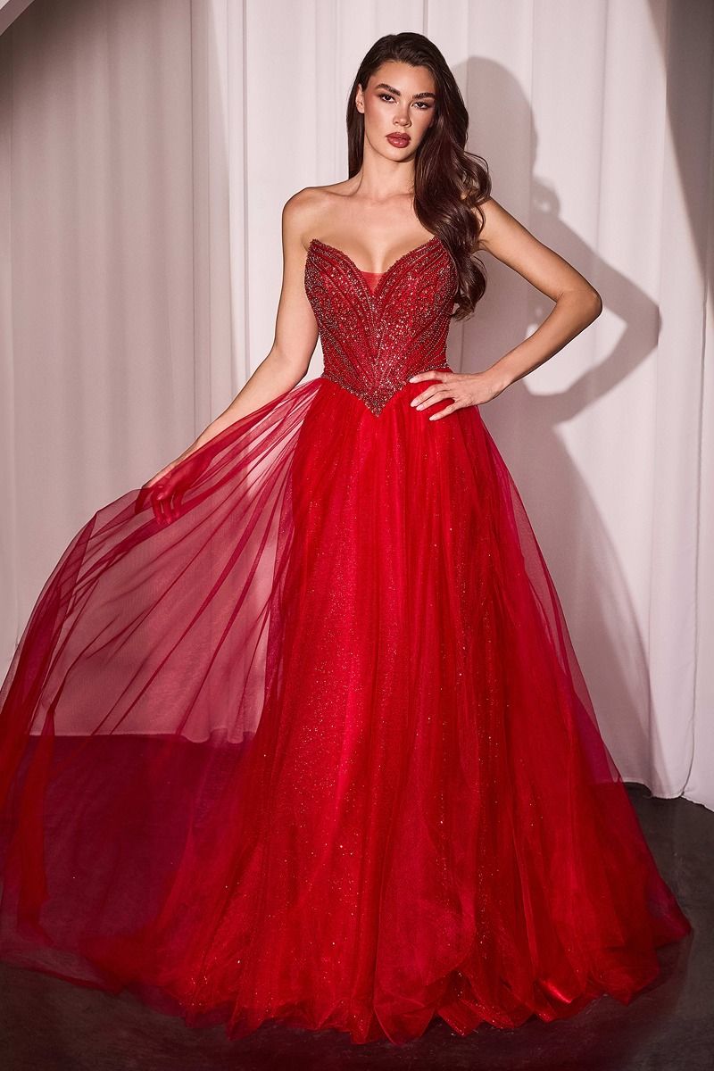 KATORINA Beaded Strapless Red Tulle Evening Gown with Corset Back, enchanting A-line design. Brisbane to Gold Coast, Australia.