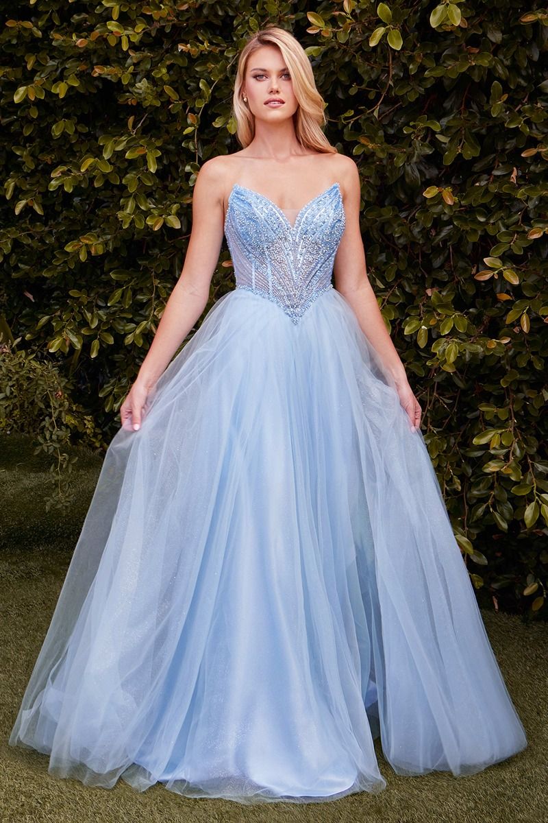 KATORINA Strapless Beaded Bustier Tulle Ball Gown with sparkling beaded details, perfect evening gown. Brisbane to Gold Coast.