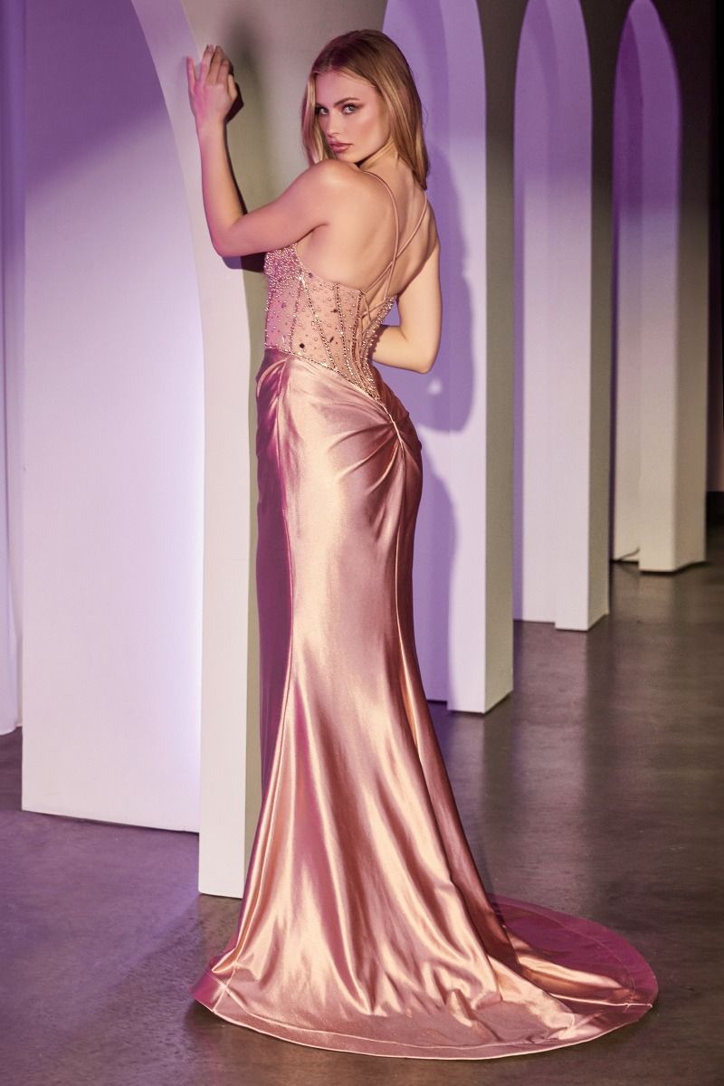 MINERVA Prom Dress with beaded bodice and satin skirt. Open back design. Perfect for formal events from Brisbane to Gold Coast.