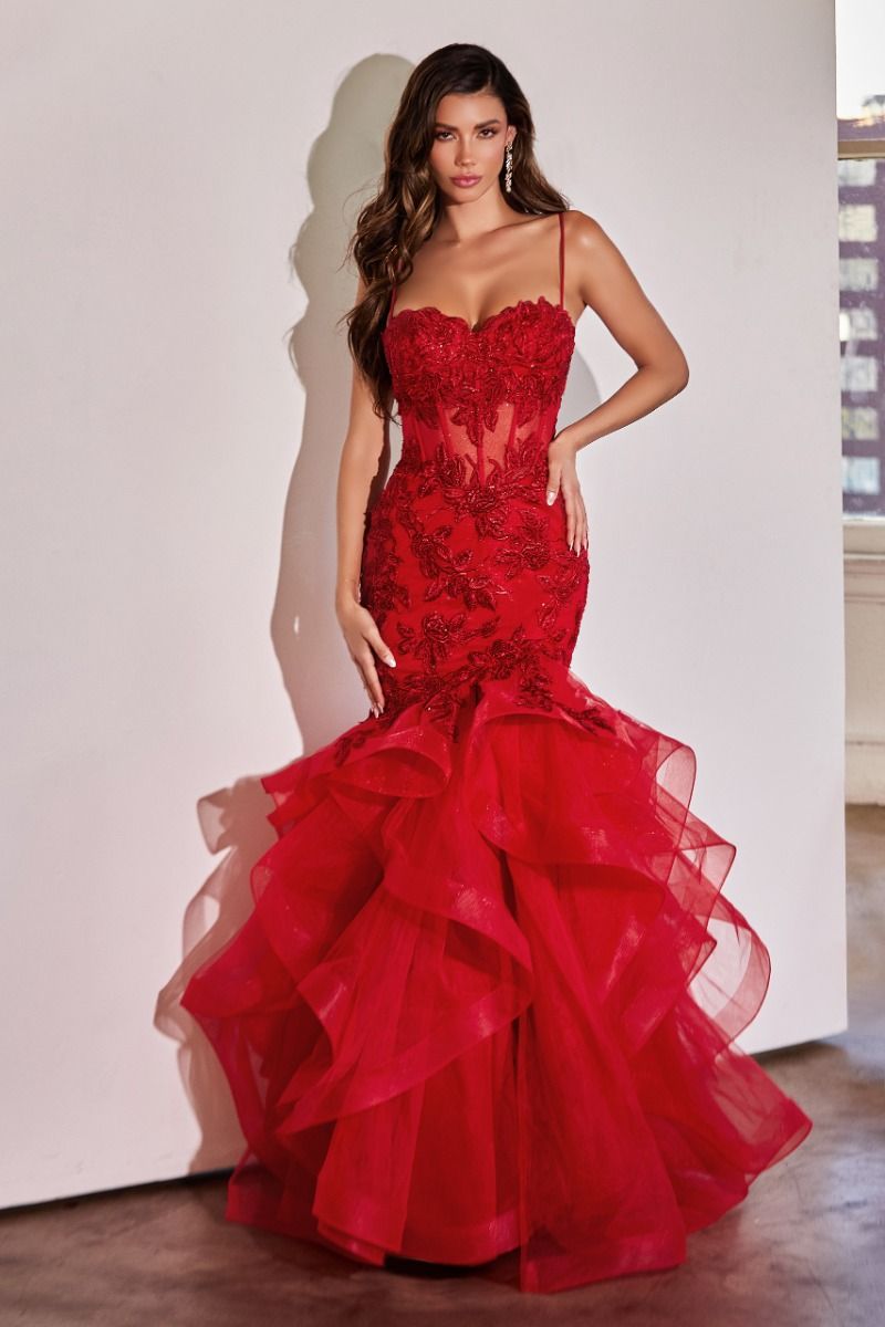 Mermaid Ruffled Strap Lace-Up Back Trumpet Gown Daffodil