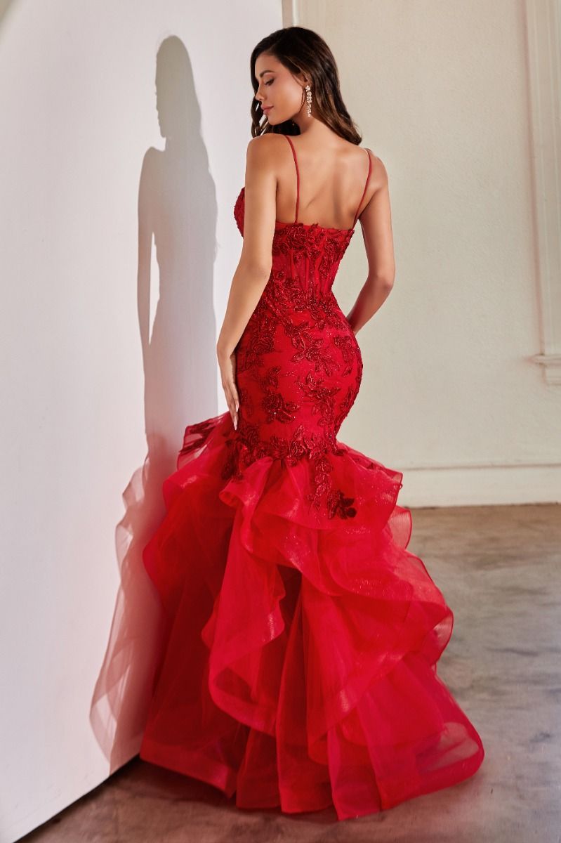 SUZANA Lace & Tulle Trumpet Mermaid Dress with rose lace and ruffled skirt, ideal evening gown. Brisbane to Gold Coast.
