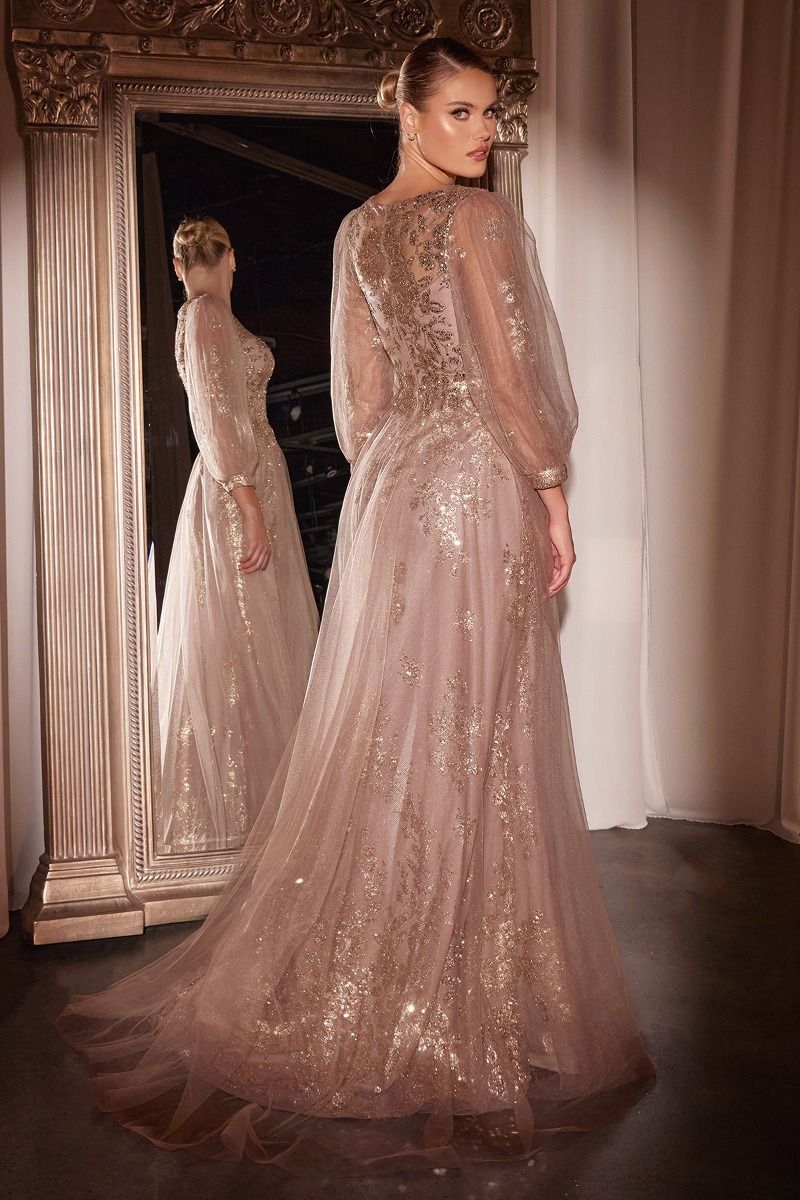 RITA Mesh Long Sleeve Gown with Lace Appliqués and Bishop Sleeves, elegant evening gown, Brisbane to Gold Coast, Australia.