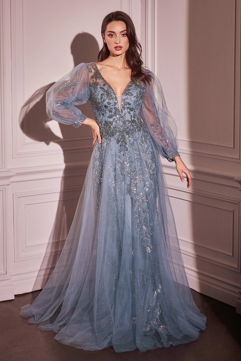 RITA elegant gown with lace bodice and deep V-neckline, perfect for formal occasions. Evening gown, Brisbane to Gold Coast.