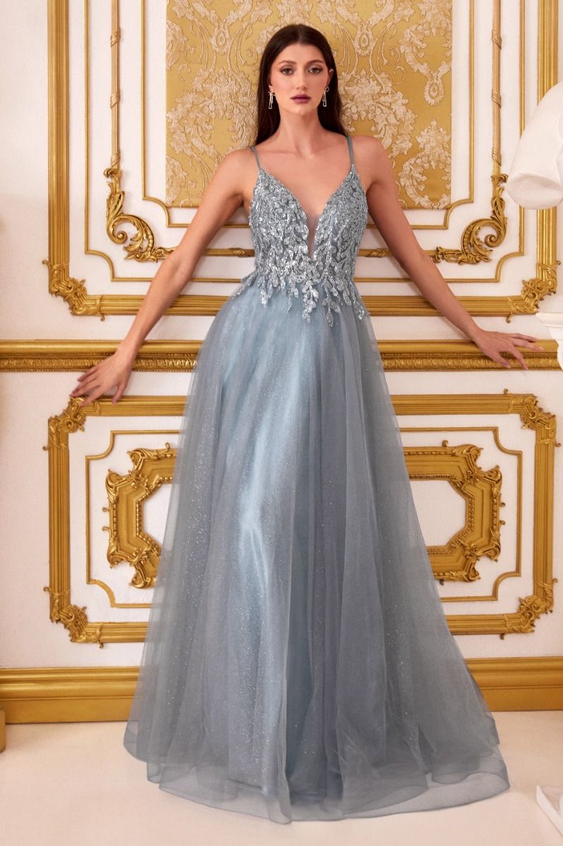 REAGAN Beaded Applique Tulle A-Line Formal Dress with illusion lace bodice and deep neckline. Evening gown Brisbane to Gold Coast.