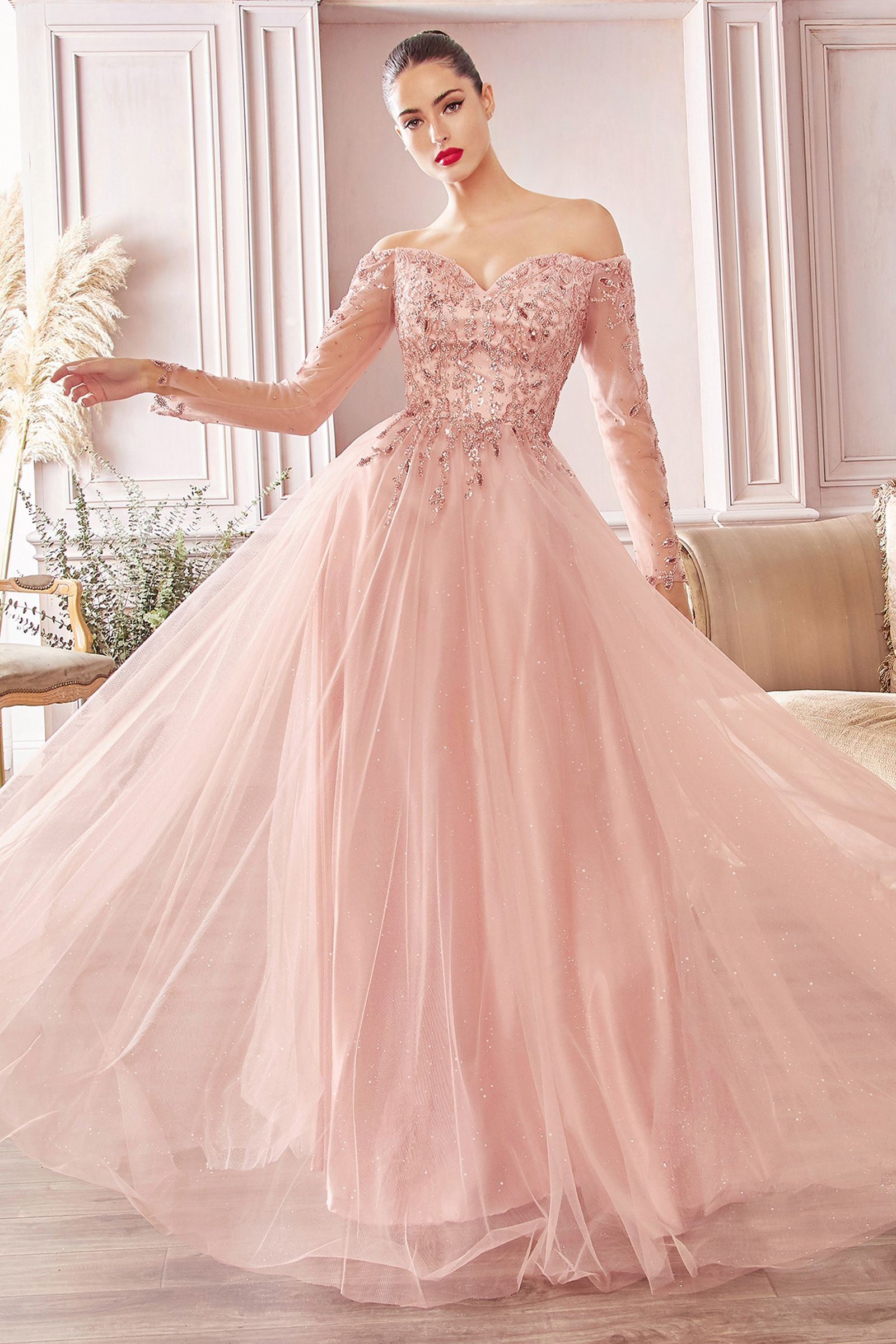 Honey Couture PATRISHA Blush Long Sleeve Beaded Tulle Formal Gown Dress