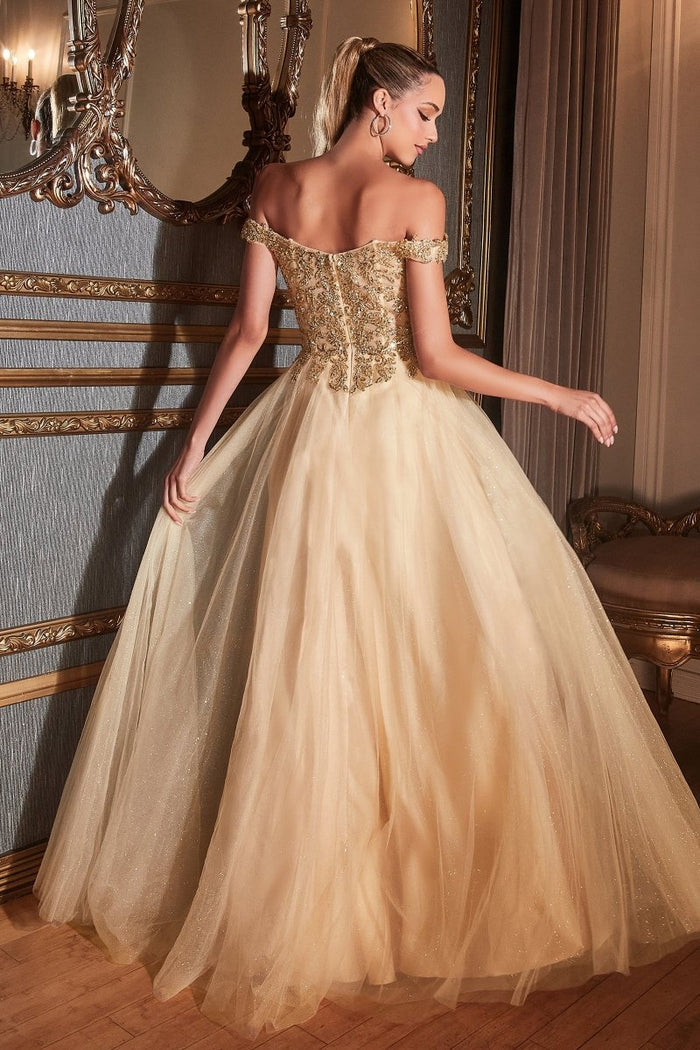 Honey Couture ROSIE Champagne Gold Off Shoulder Beaded Tulle Formal Dress