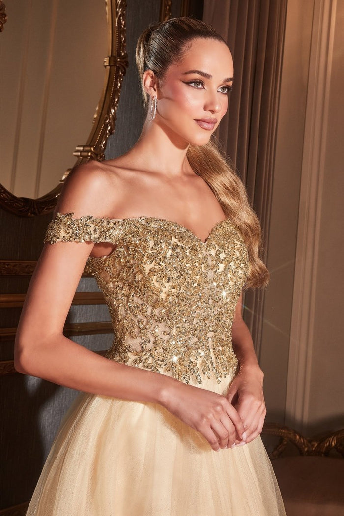 Honey Couture ROSIE Champagne Gold Off Shoulder Beaded Tulle Formal Dress