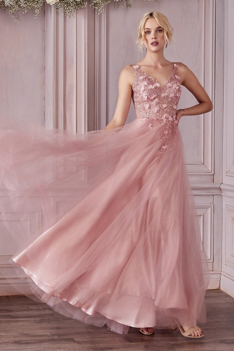 DEMIKA 3D Floral Applique Tulle Formal Gown Dress with V-neckline, 3D flower bodice evening gown, Brisbane to Gold Coast