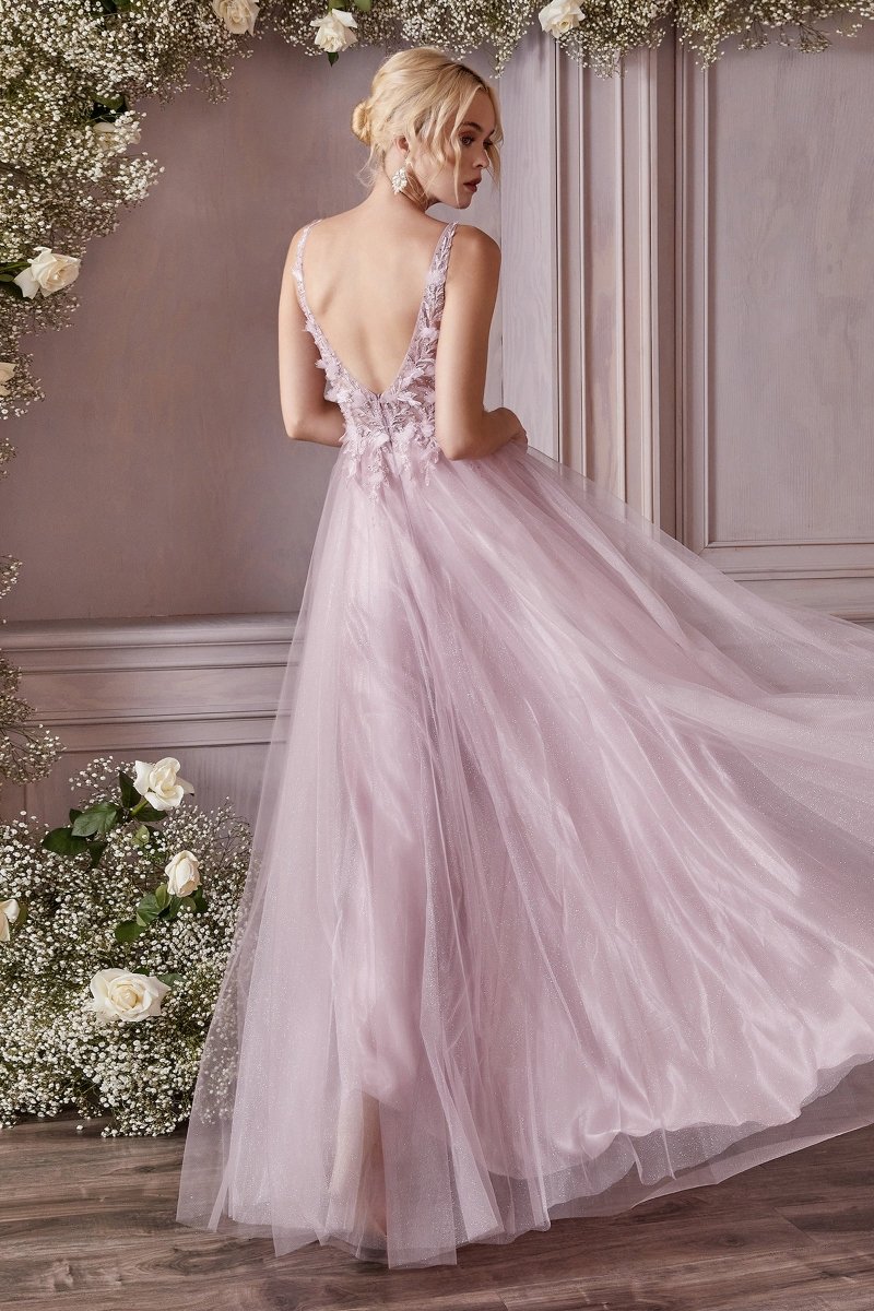 DEMIKA 3D Floral Applique Tulle Formal Gown Dress featuring 3D floral details and open swoop back, evening gown. Brisbane to Gold Coast.
