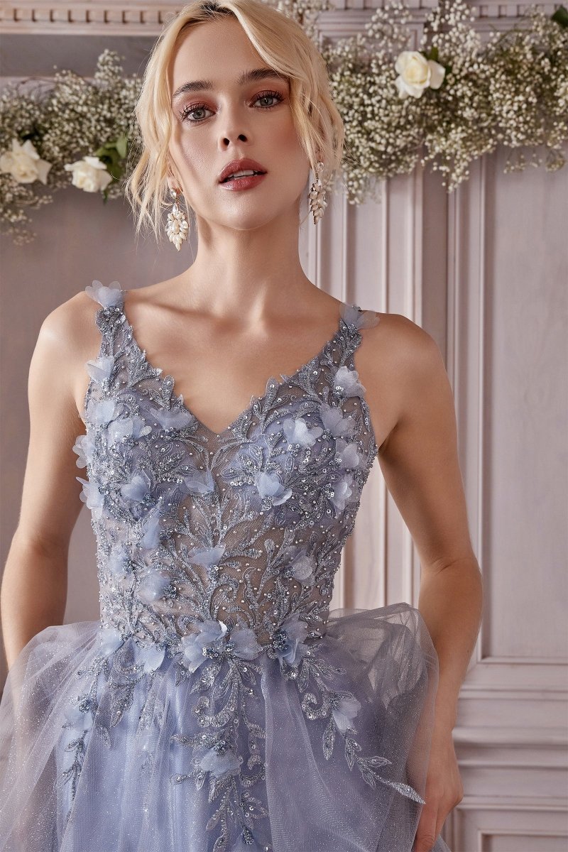 DEMIKA 3D Floral Applique Tulle Formal Gown with bead accents and 3D flowers, perfect for evening events. Brisbane to Gold Coast, Australia.