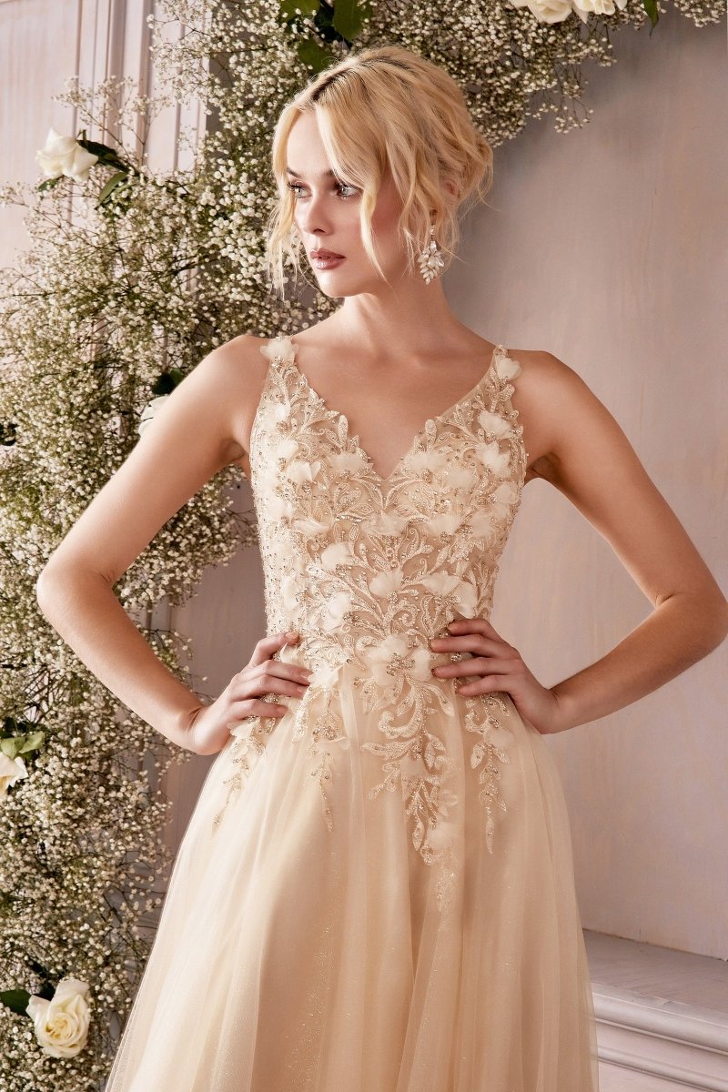 DEMIKA 3D Floral Applique Tulle Formal Gown with beaded lace bodice, V-neckline, evening gown. Brisbane to Gold Coast.