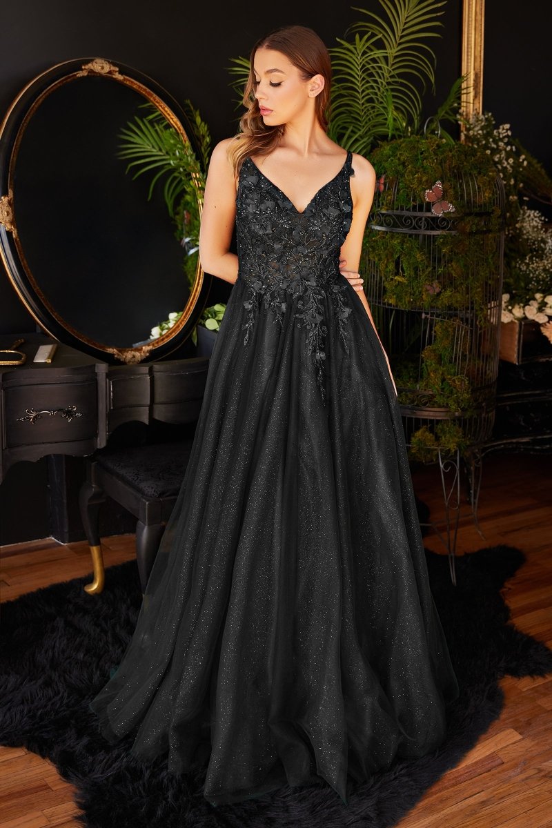 DEMIKA 3D Floral Applique Tulle Formal Gown Dress with 3D floral lace and V-neckline, evening gown. Brisbane to Gold Coast.