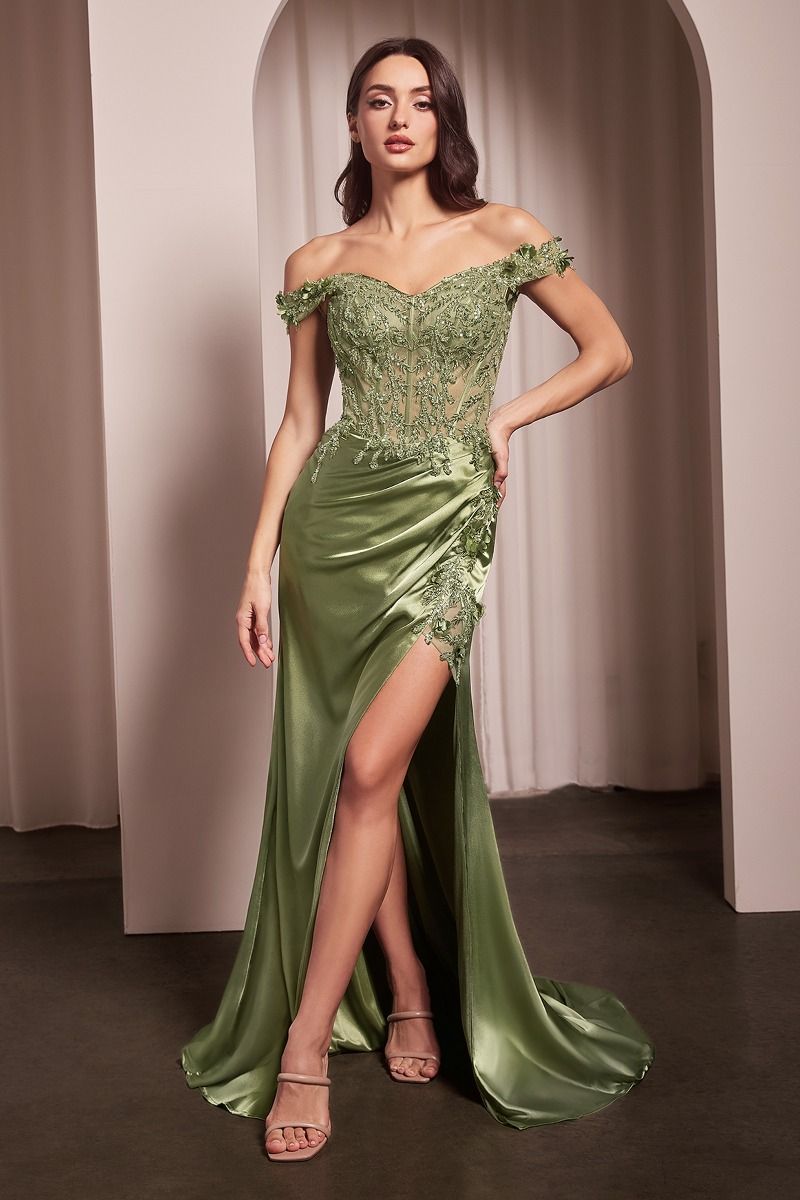 THELMA Sequin Bustier Satin Mermaid Dress with floral off-shoulder design and slit. Evening gown perfect for events, Brisbane to Gold Coast.