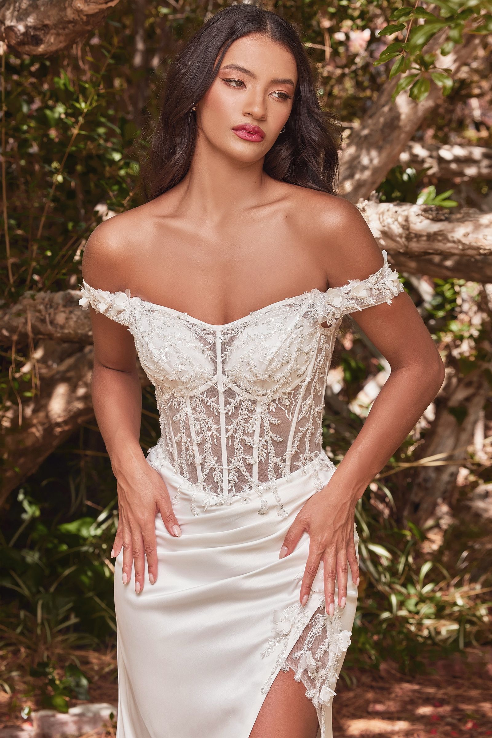 THELMA Off White Floral Appliqué Bustier Wedding Dress, with satin slit, as elegant bridal wear. Brisbane to Gold Coast