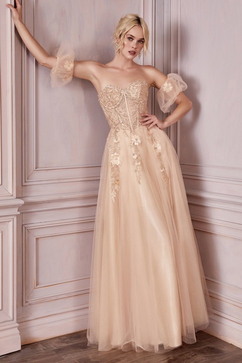 BLOOM Bustier Lace Applique Tulle Formal Dress with sheer corset bodice, A-line silhouette, Brisbane to Gold Coast, Australia.