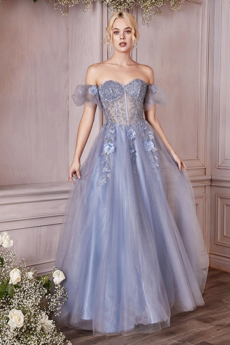 BLOOM Romantic Tulle Formal Dress with lace applique corset, blue A-line gown. Perfect for special occasions. Brisbane to Gold Coast.