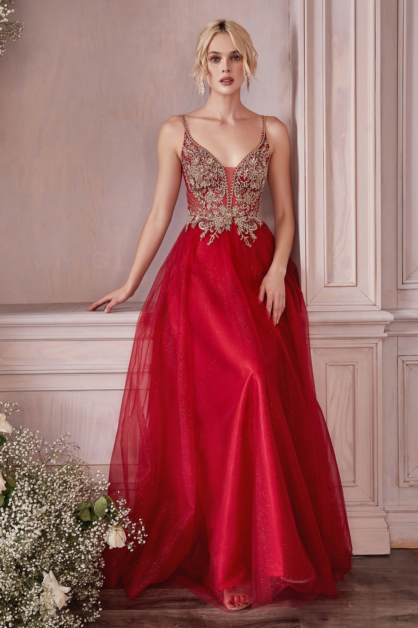 AMORET Beaded Applique Tulle Dress with V-neckline, floral bodice; prom gown. Brisbane to Gold Coast, Australia.