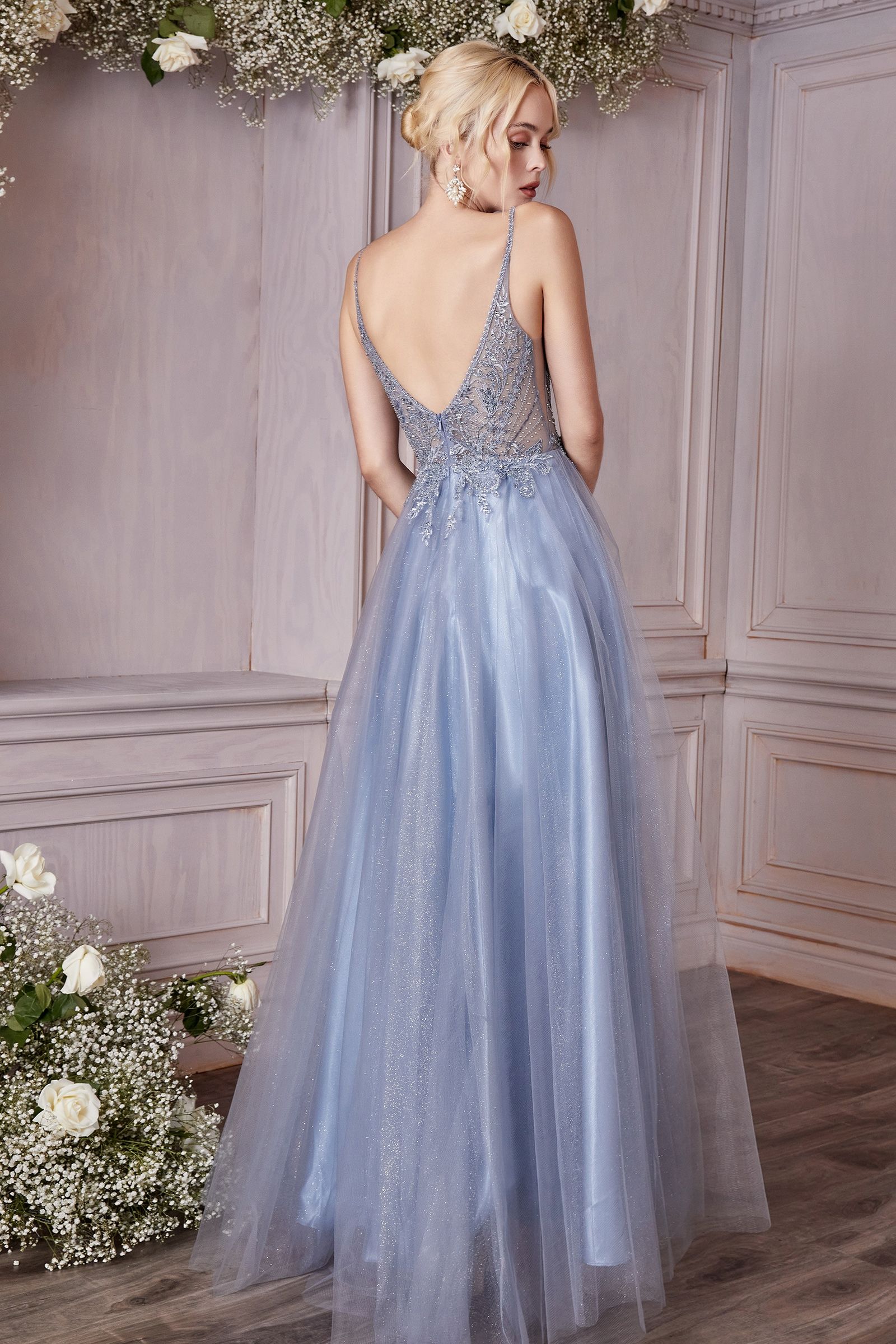AMORET Romantic A-line gown with a beaded bodice and floral motifs, perfect for prom or formal events. Brisbane to Gold Coast, Australia.