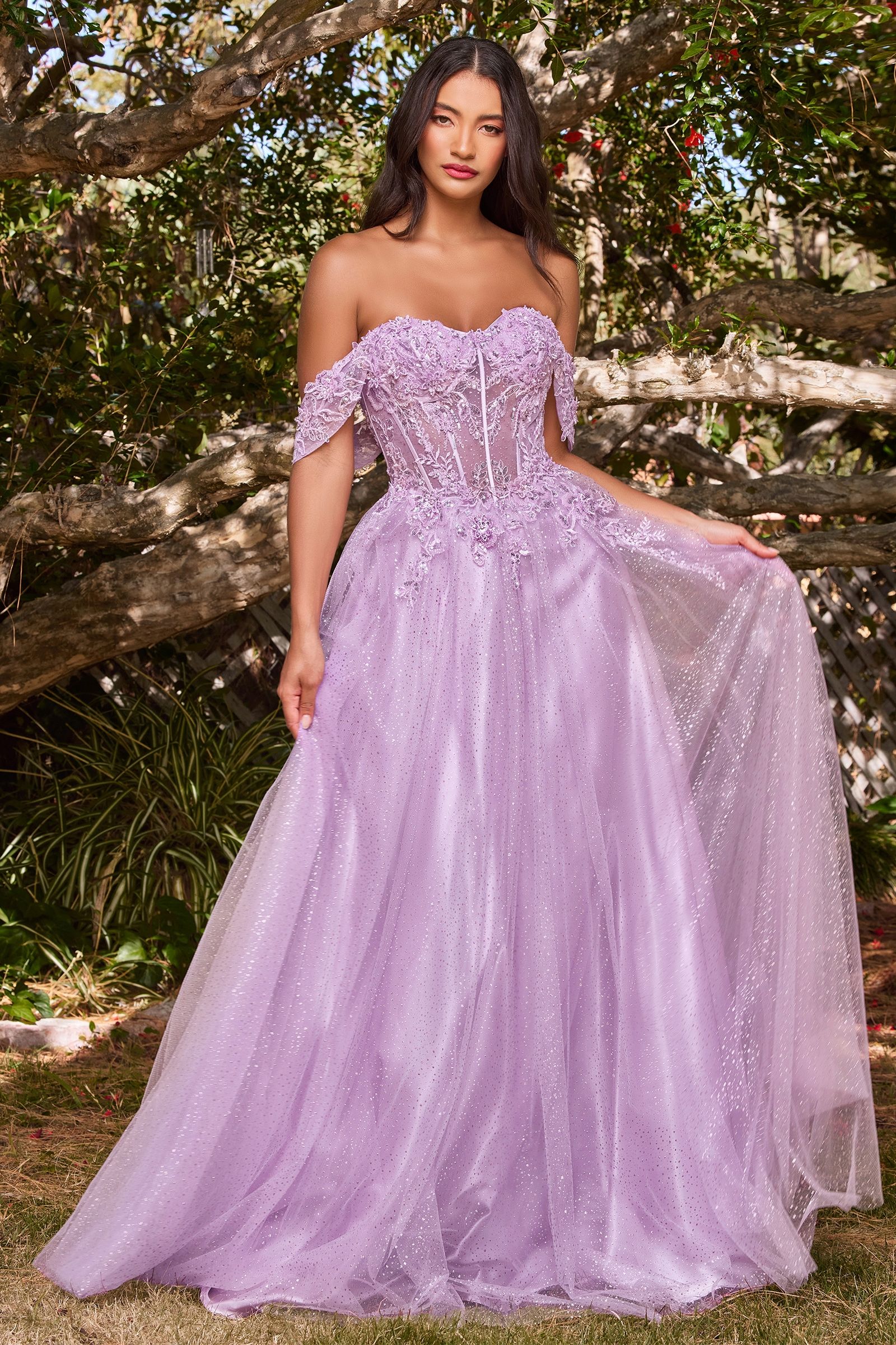 Alt Tag: PHOEBE Elegant off-shoulder lace applique bustier evening gown with layered tulle skirt. Brisbane to Gold Coast, Australia.