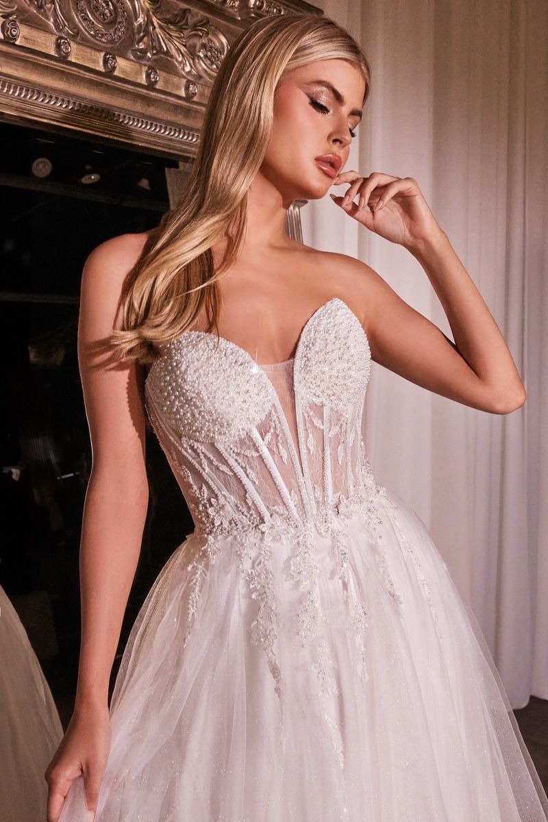 YZMA strapless beaded bridal dress with tulle skirt, capturing magical elegance, perfect as a wedding gown. Brisbane to Gold Coast.