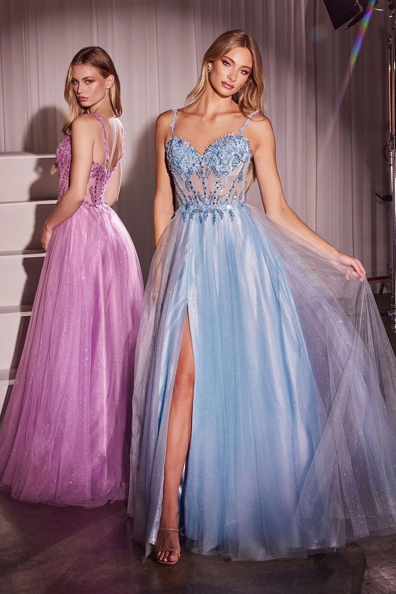 ANA Lace & Tulle A-Line prom dress with lace bodice and sheer waistline, featuring a glitter tulle skirt. Brisbane to Gold Coast.