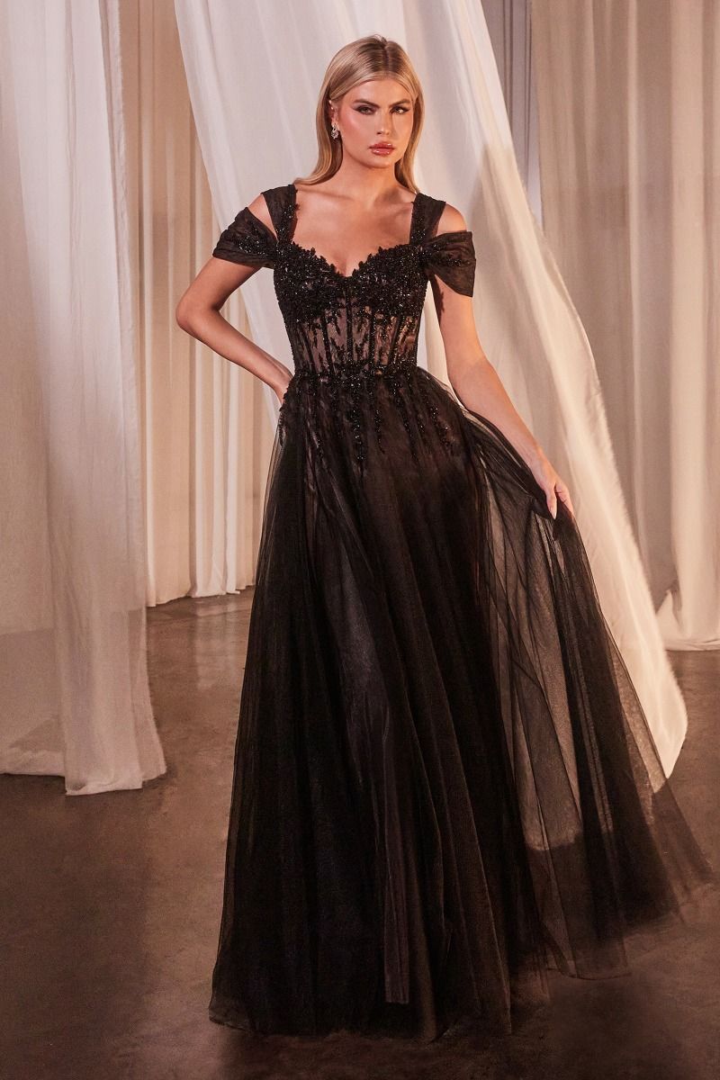 Alt Tag: ALEDA elegant lace applique off-shoulder formal dress with tulle skirt, perfect evening gown. Brisbane to Gold Coast.