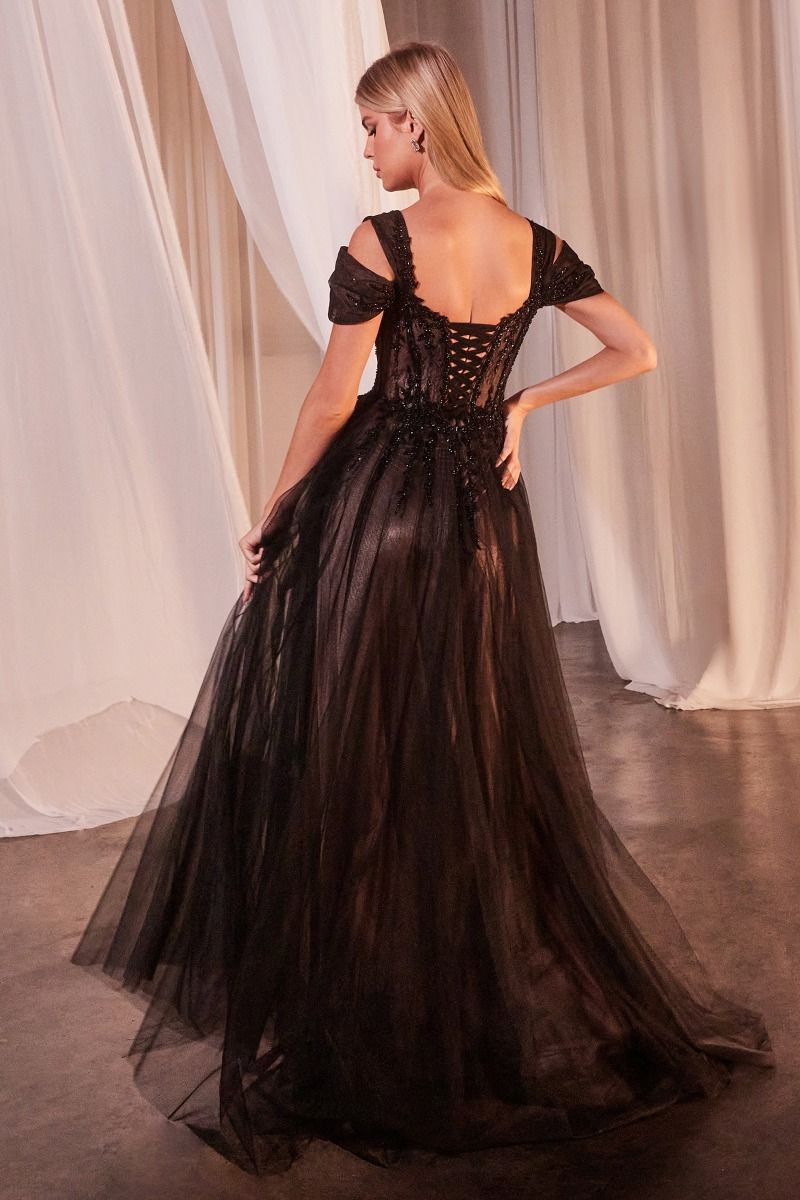 ALEDA lace-up back off-shoulder tulle evening gown, showcasing elegant lace details. Available Brisbane to Gold Coast, Australia.