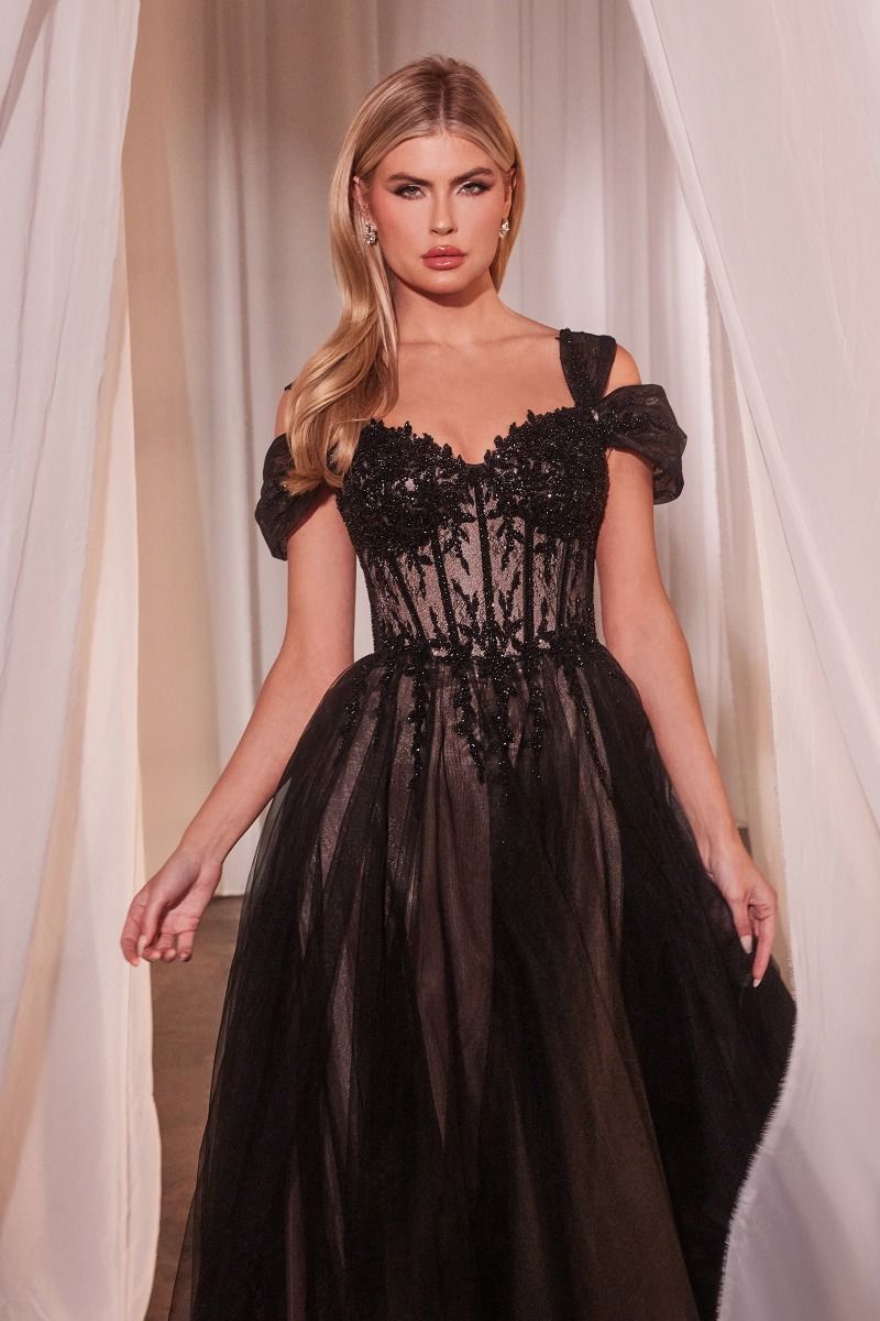 A lace-embellished black evening gown with an off-shoulder sweetheart neckline, showcased elegantly. Brisbane to Gold Coast, Australia.