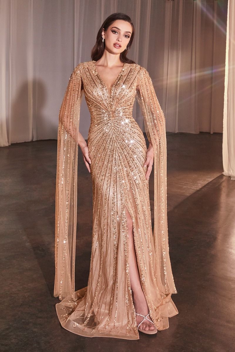 EMORY beaded long sleeve prom gown with deep V-neckline, dramatic cape sleeves. Brisbane to Gold Coast.
