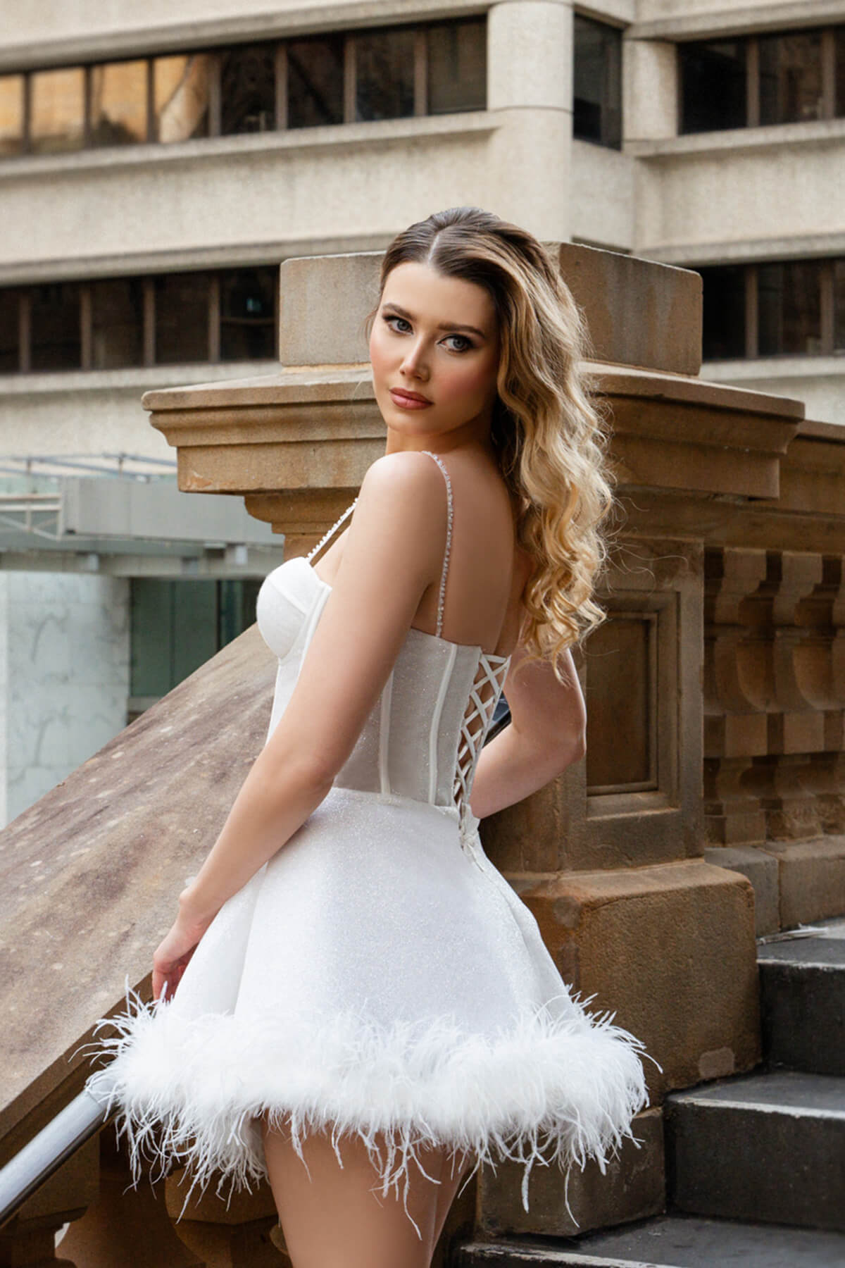 Fraulein Label Cendrillon white bustier corset dress with feather hem, perfect for hens party or bridal mini, Australian designer.