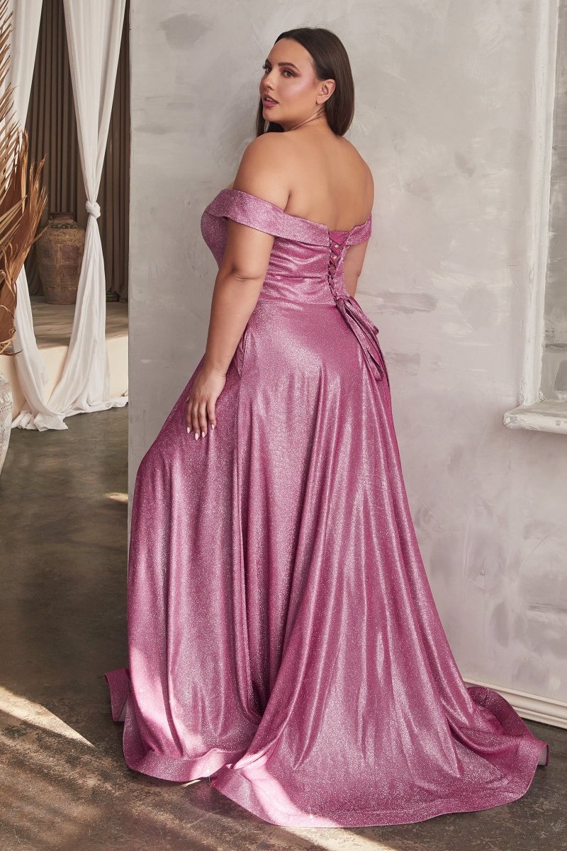REBEL Curve glitter off-shoulder corset A-line formal dress with shimmering metallic finish, evening gown style. Brisbane to Gold Coast.