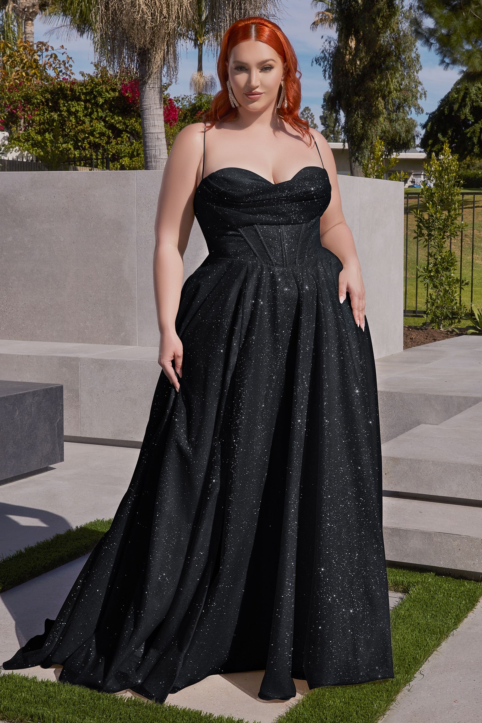 DREYA Curve Corset Glitter Ball Gown with pleated cowl neckline, perfect for a school formal. Brisbane to Gold Coast, Australia.
