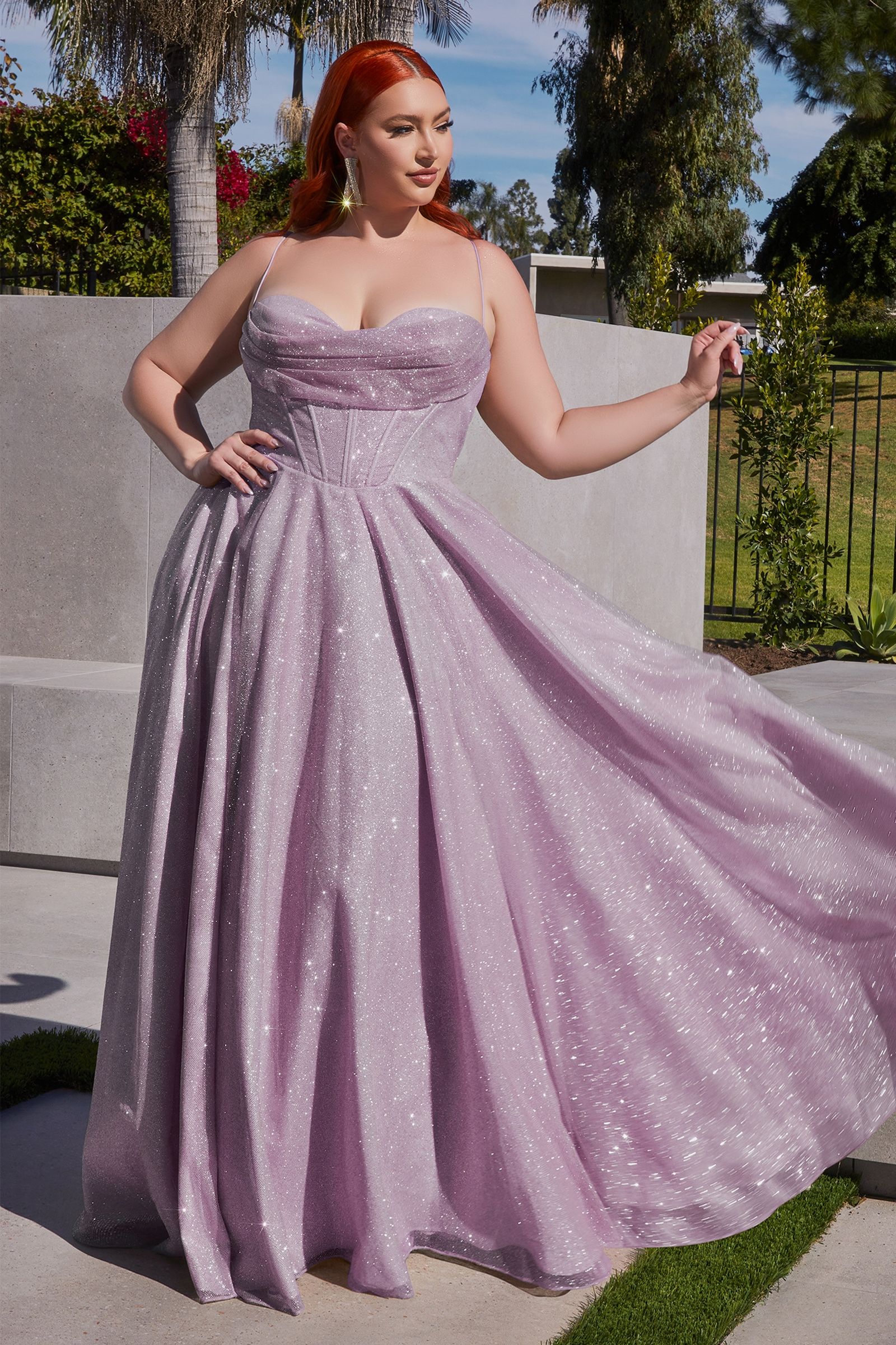 DREYA Curve glitter corset ballgown with pleated cowl neckline, perfect for school formal, Brisbane to Gold Coast, Australia.
