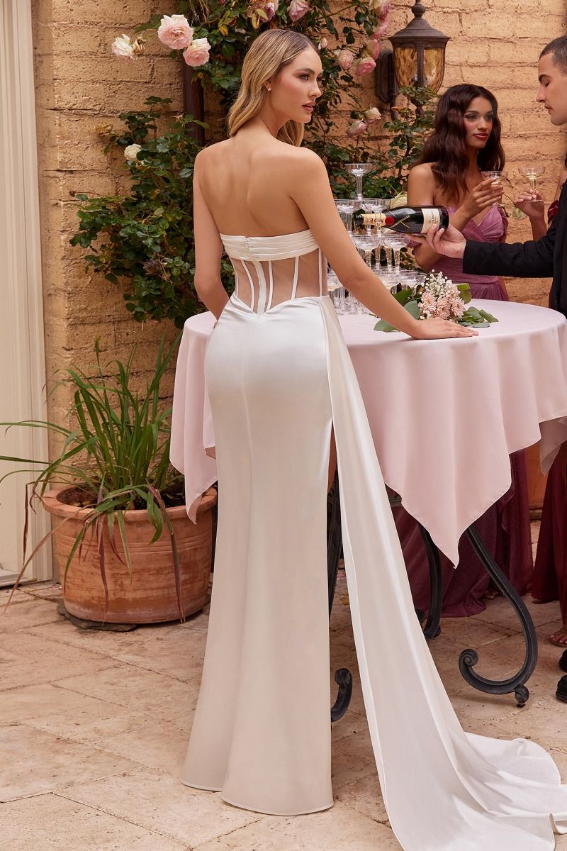 FINA strapless corset bridal dress with sheer bodice and satin skirt, perfect for weddings in Brisbane to Gold Coast.