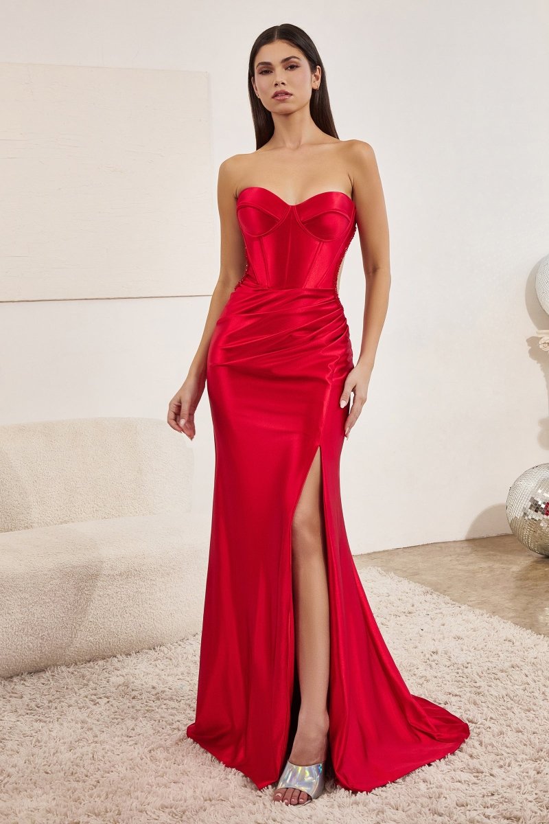 ASHLYN Satin Beaded Detail Cut Out Mermaid Formal Dress with sweetheart neckline and side slit, prom gown. Brisbane to Gold Coast.