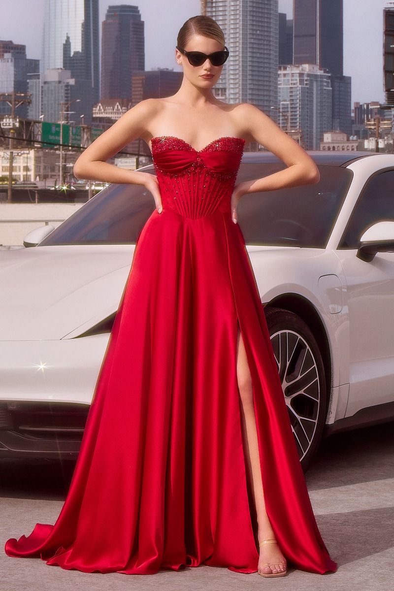 ALIXIA Beaded Corset Satin A-Line prom gown with sweetheart neckline and thigh-high slit. Elegant formal dress, Brisbane to Gold Coast.