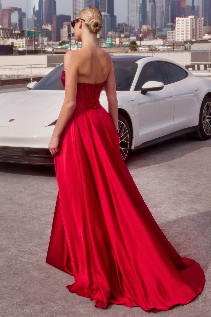 ALIXIA Beaded Corset Satin A-Line prom dress featuring a strapless design and flowing train, perfect for formal events. Brisbane to Gold Coast.