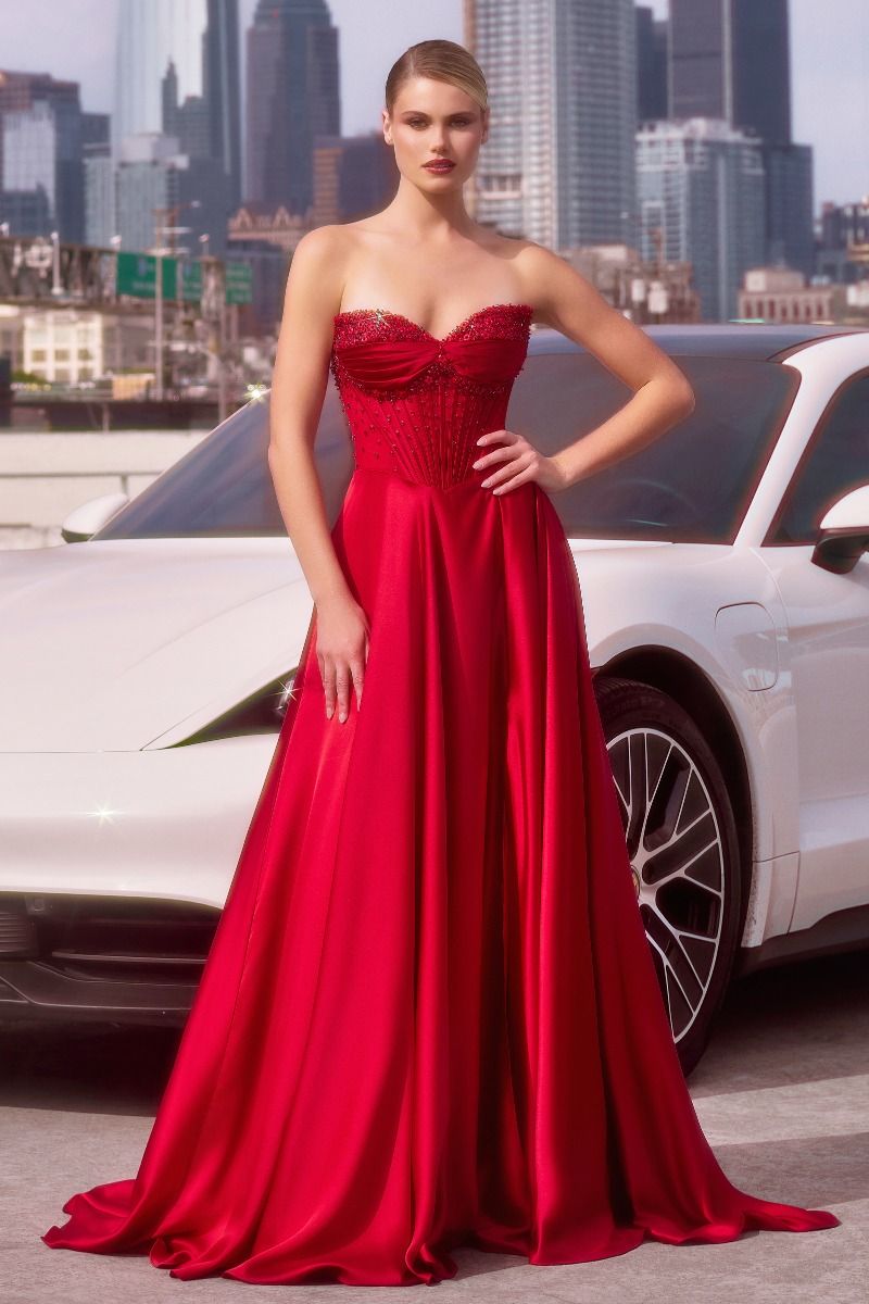 ALIXIA Beaded Corset Satin A-Line formal dress with sweetheart neckline, prom gown in striking red. Brisbane to Gold Coast.